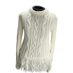 Tory Burch Cable Knit Fringe Sweater Ivory Wool Blend Womens Size S/P